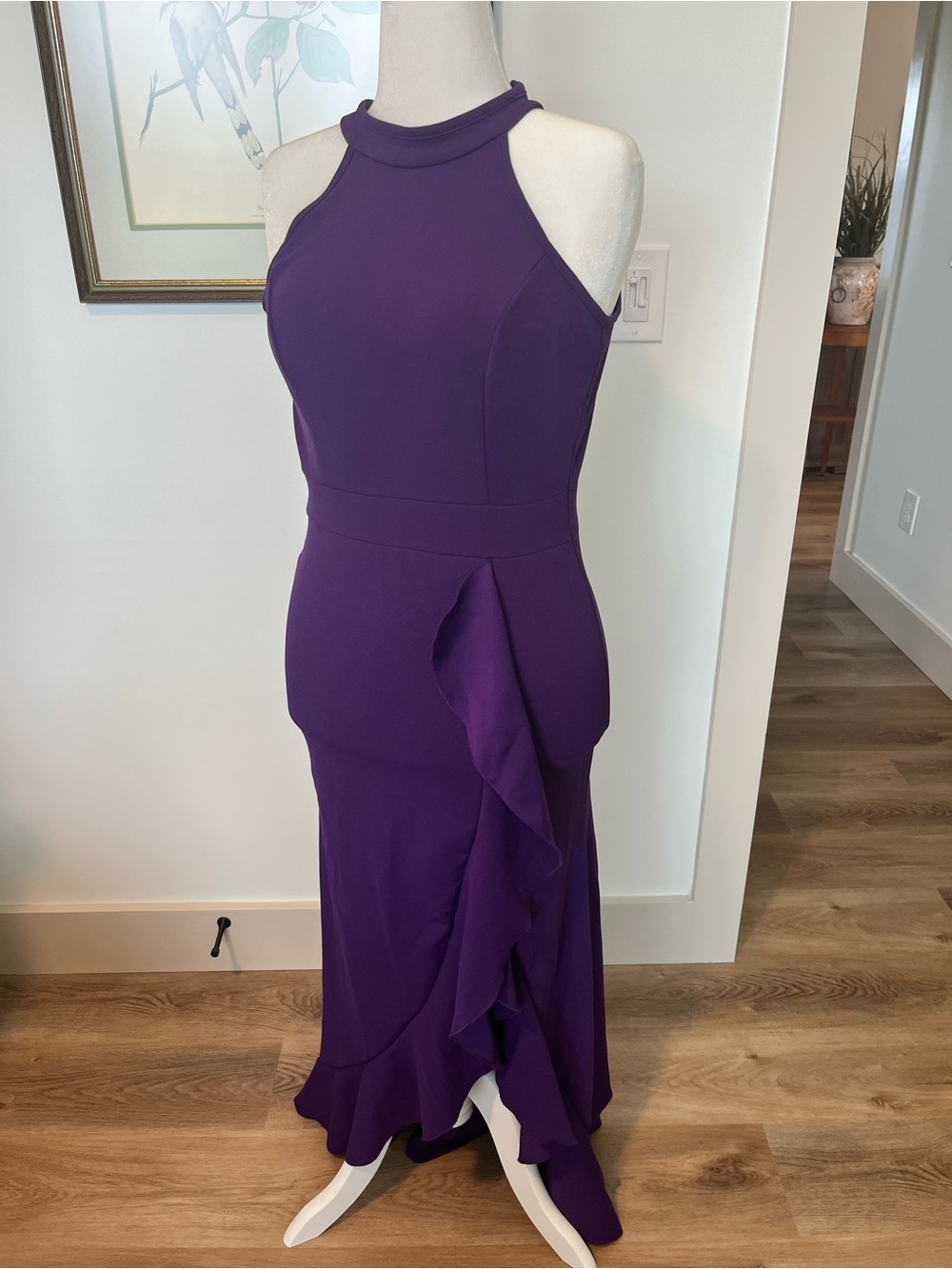 Sleeveless Purple Halter Maxi Dress with Side Ruffle
